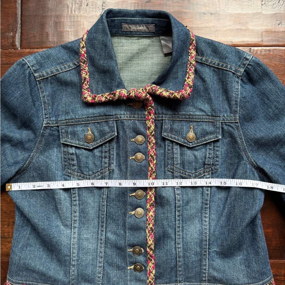 Y2K Liz Claiborne Denim Jean Jacket with Pink Tweed Trim - Picture 5 of 8